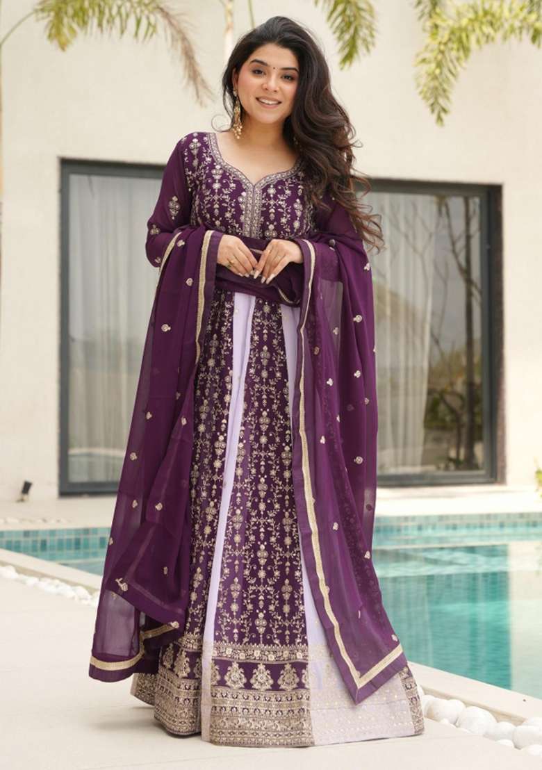 Purple Embroidered Georgette Anarkali Set - Indya