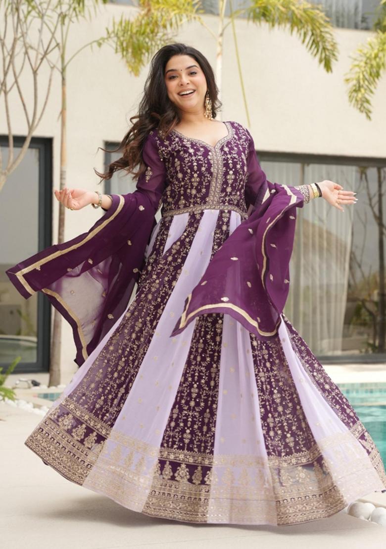 Purple Embroidered Georgette Anarkali Set - Indya