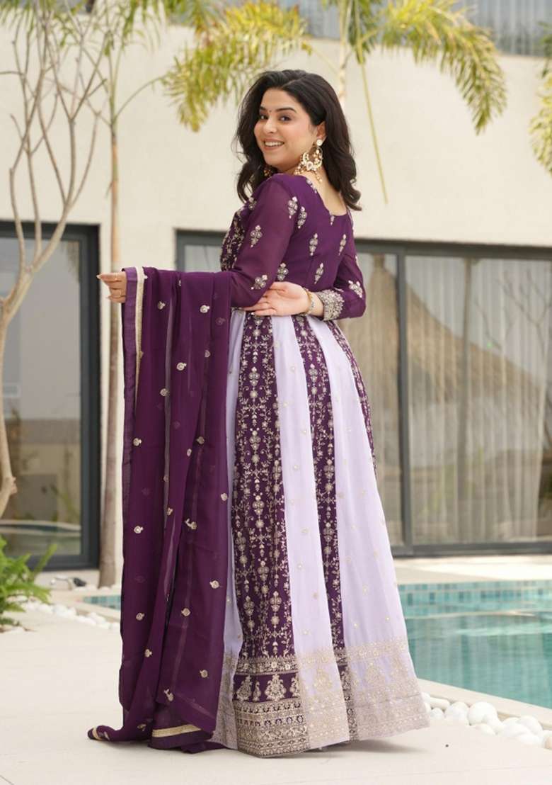 Purple Embroidered Georgette Anarkali Set - Indya