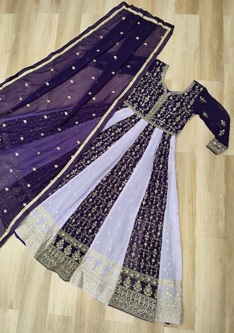 Purple Embroidered Georgette Anarkali Set - Indya