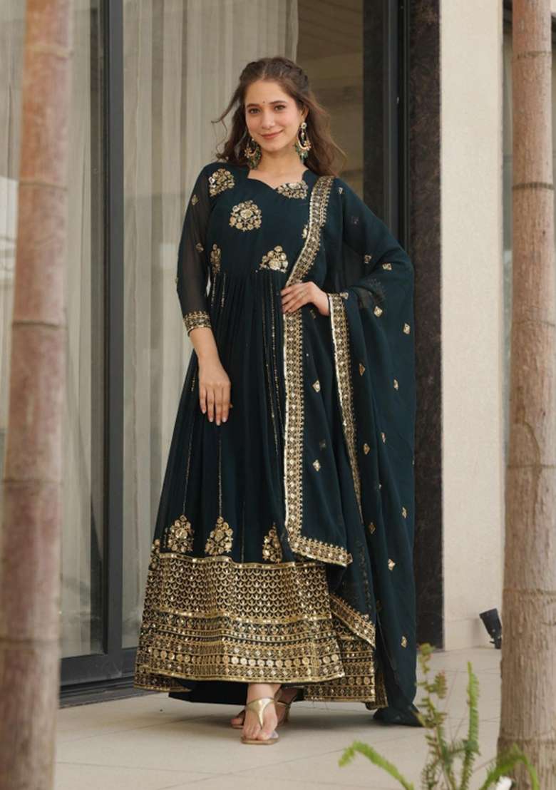 Navy Blue Embroidered Georgette Anarkali Set - Indya