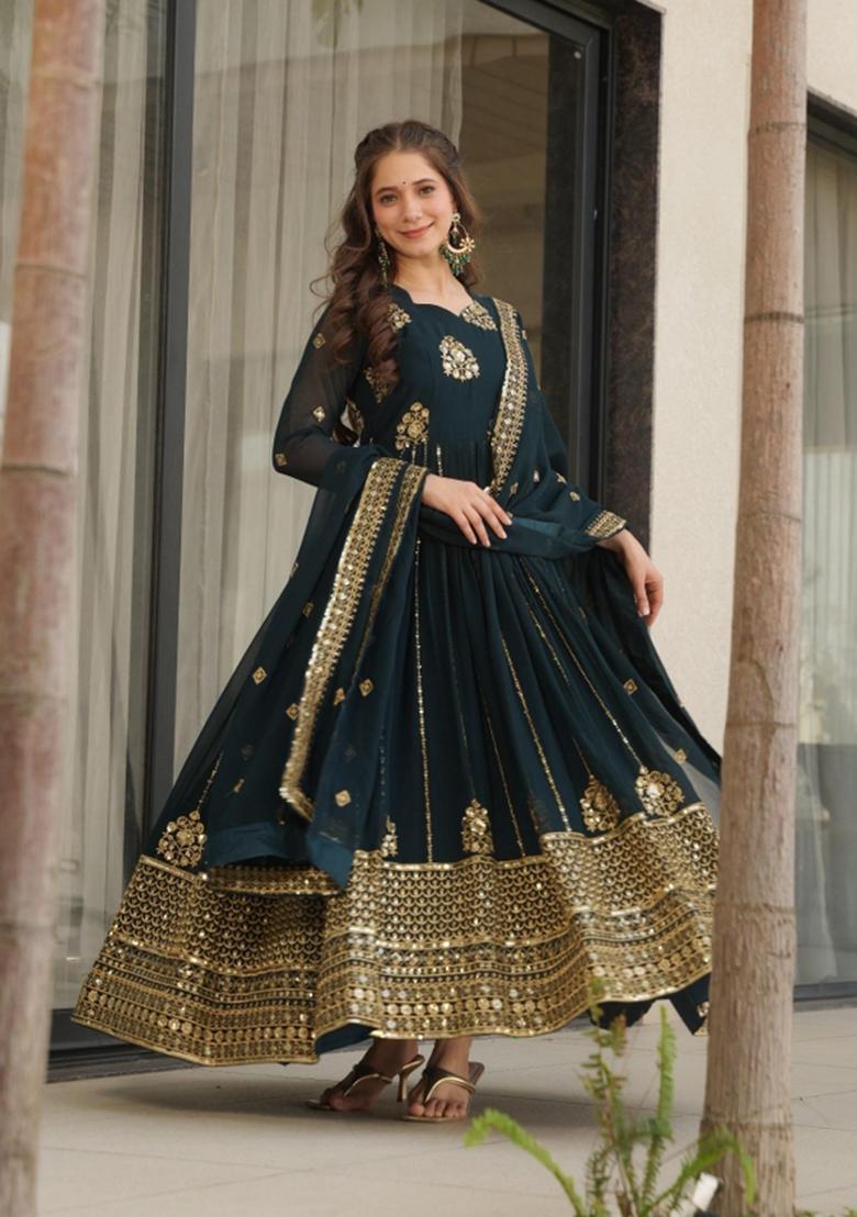 Navy Blue Embroidered Georgette Anarkali Set - Indya