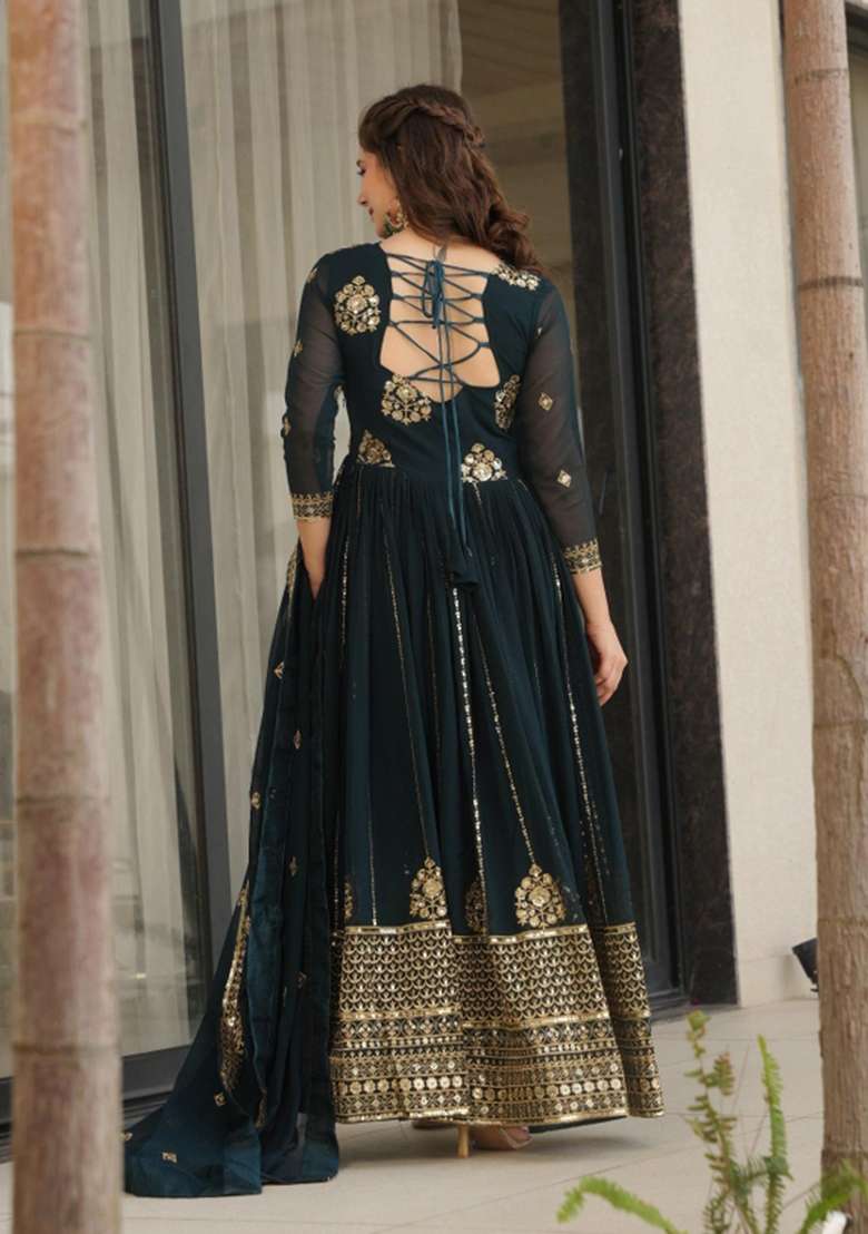 Navy Blue Embroidered Georgette Anarkali Set - Indya