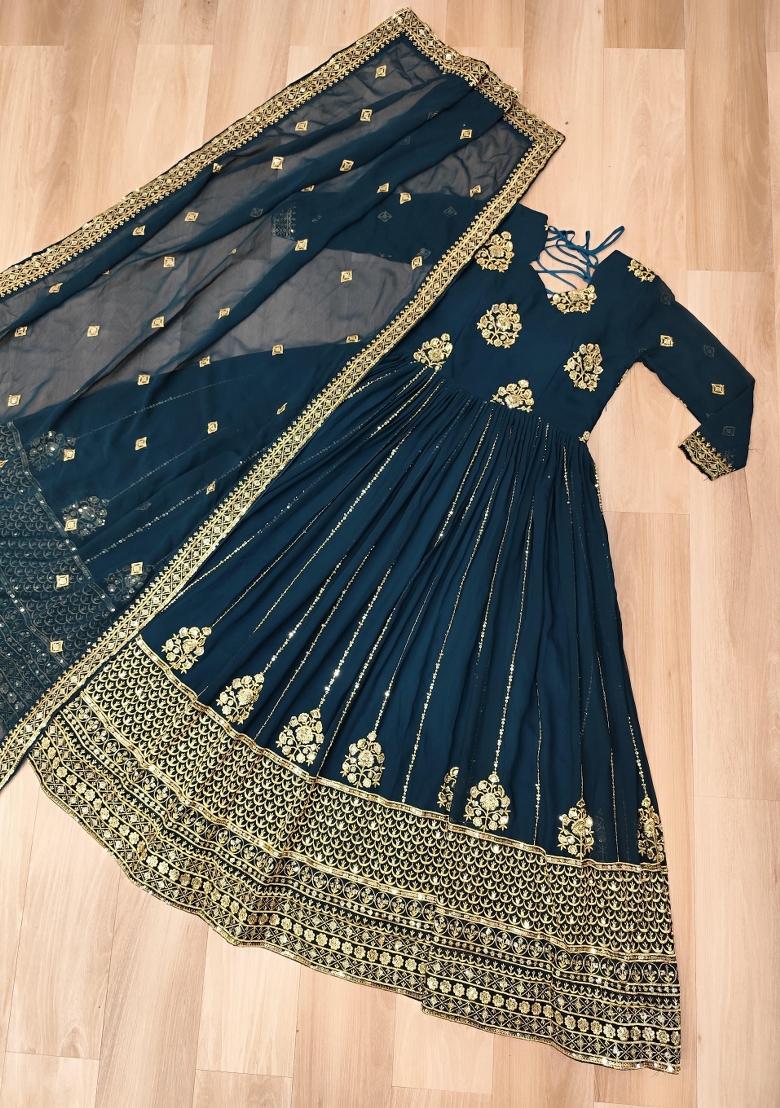 Navy Blue Embroidered Georgette Anarkali Set - Indya