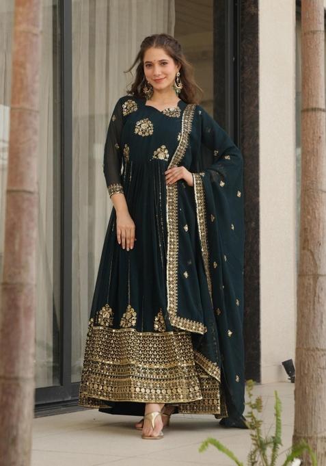 Navy Blue Embroidered Georgette Anarkali Set
