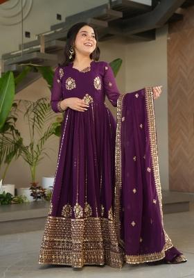 Violet Embroidered Georgette Anarkali Set