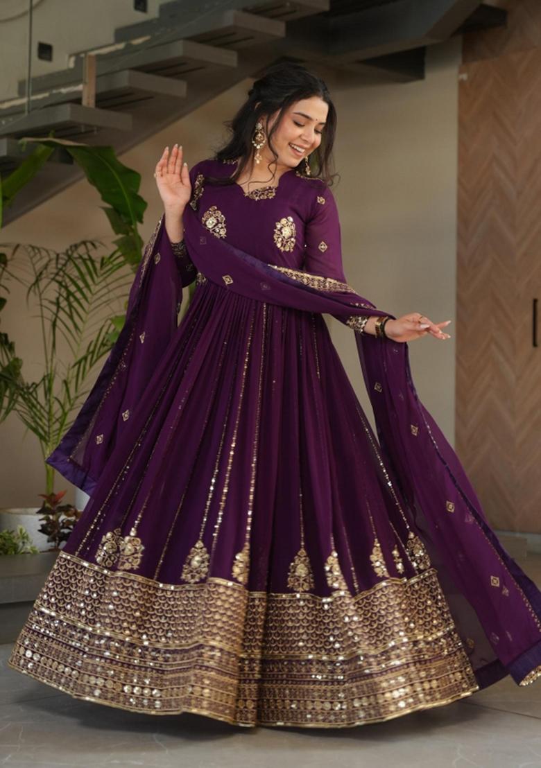 Violet Embroidered Georgette Anarkali Set - Indya