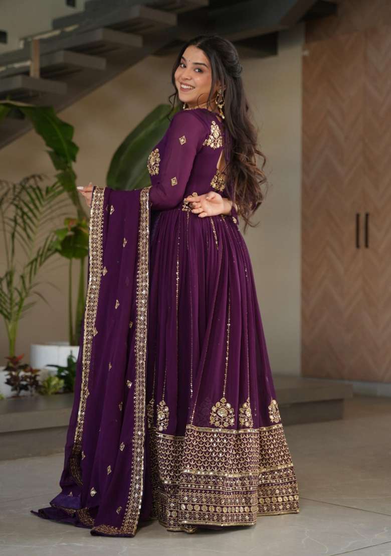Violet Embroidered Georgette Anarkali Set - Indya