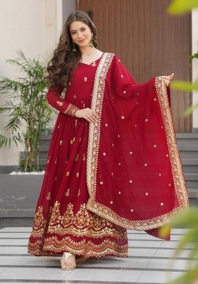 Red Embroidered Georgette Anarkali Set