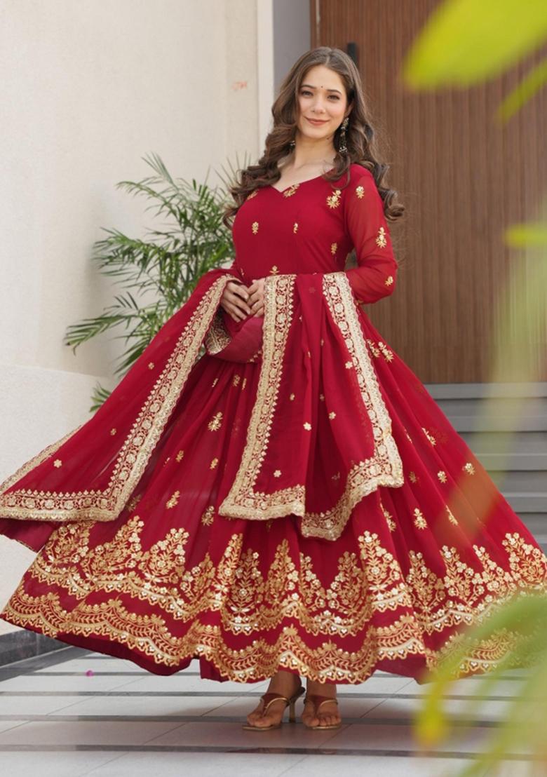 Red Embroidered Georgette Anarkali Set - Indya