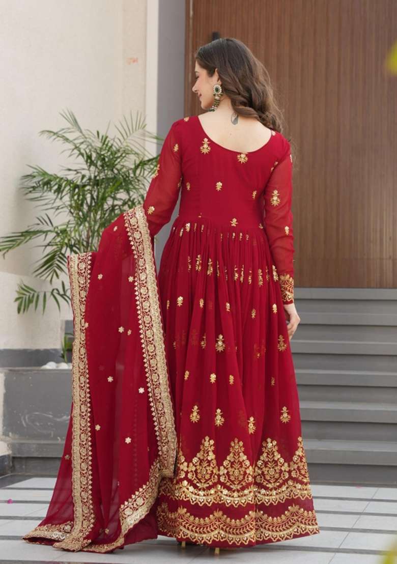 Red Embroidered Georgette Anarkali Set - Indya