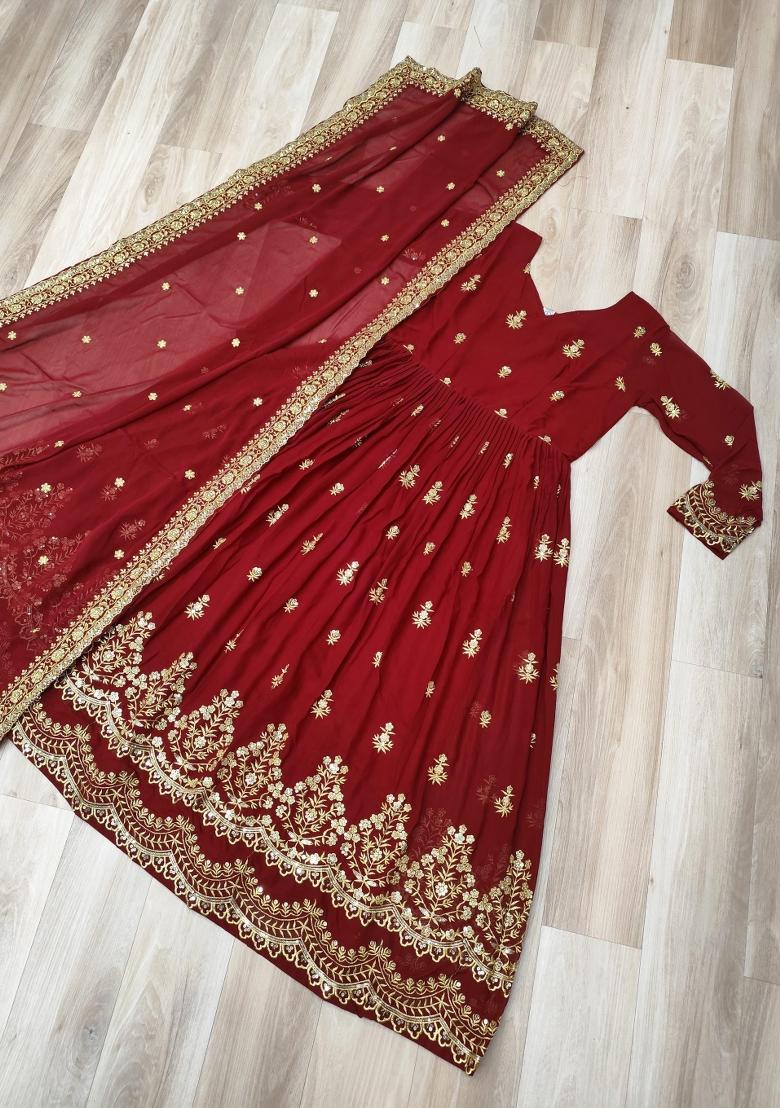 Red Embroidered Georgette Anarkali Set - Indya