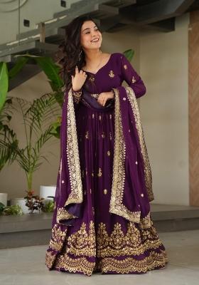 Violet Embroidered Georgette Anarkali Set