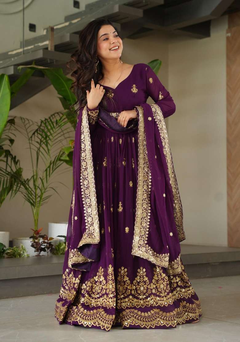 Violet Embroidered Georgette Anarkali Set - Indya