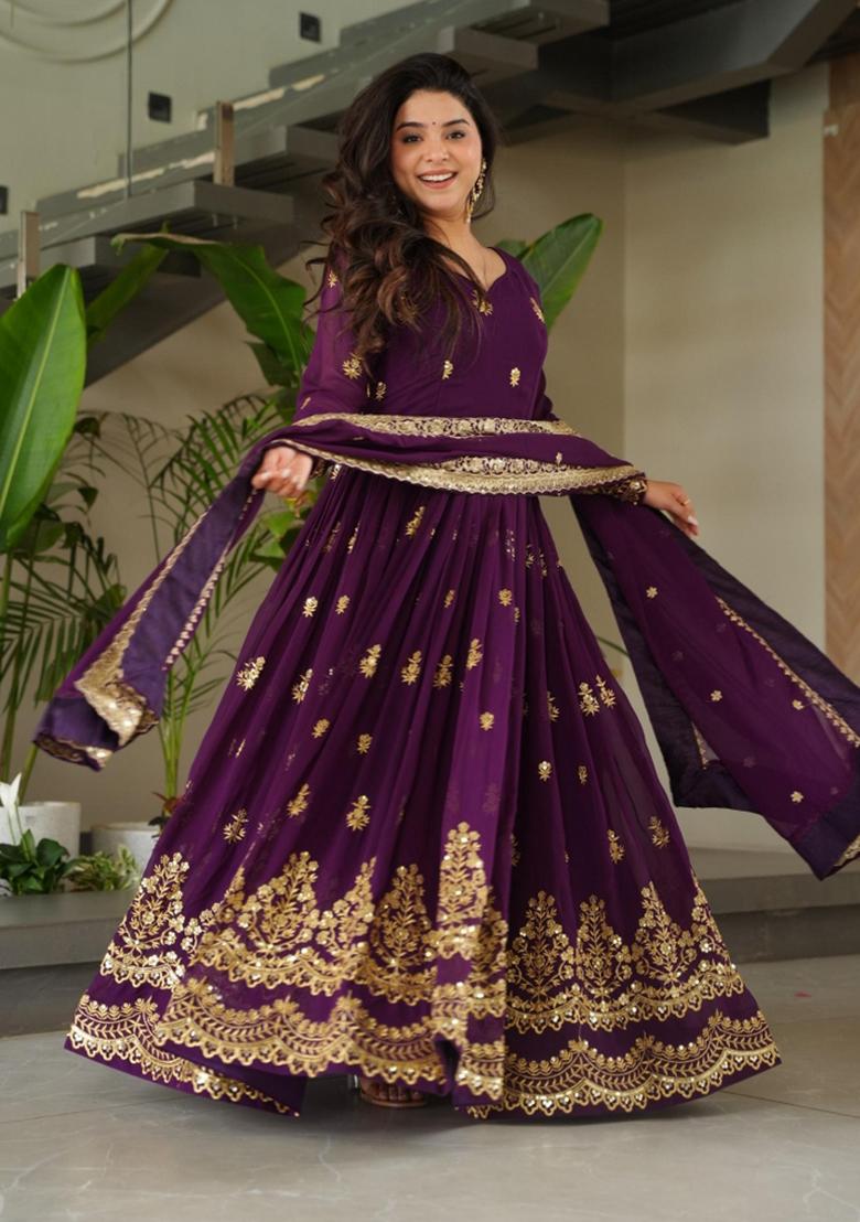 Violet Embroidered Georgette Anarkali Set - Indya
