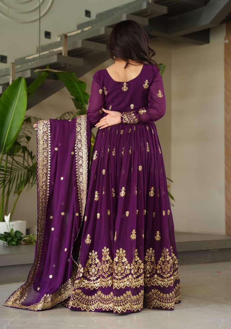 Violet Embroidered Georgette Anarkali Set - Indya
