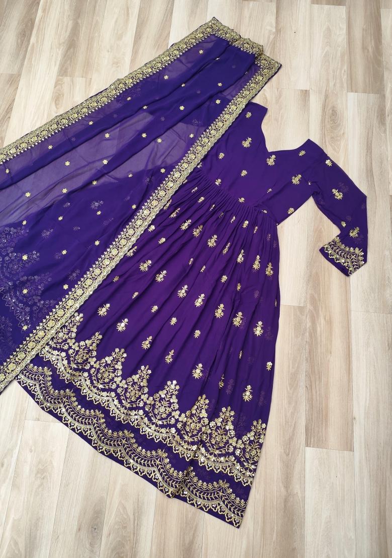 Violet Embroidered Georgette Anarkali Set - Indya