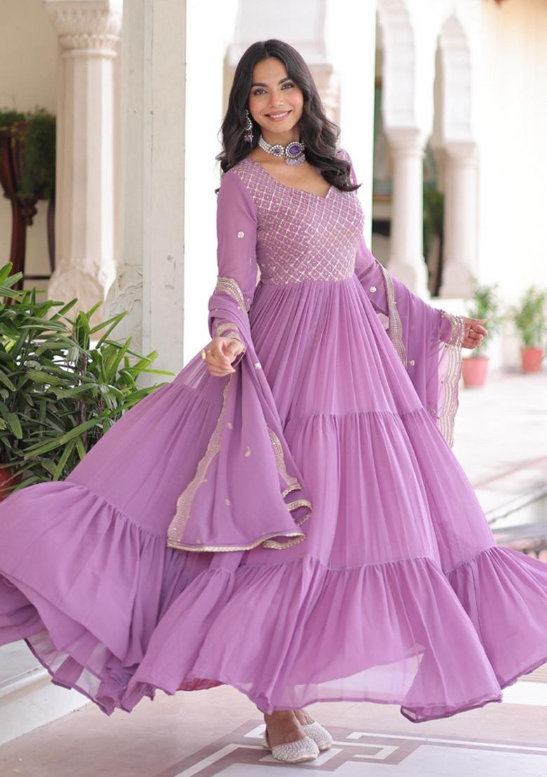 Lavender Embroidered Georgette Anarkali Set - Indya