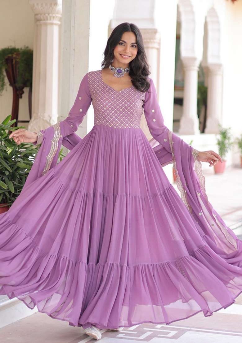 Lavender Embroidered Georgette Anarkali Set - Indya