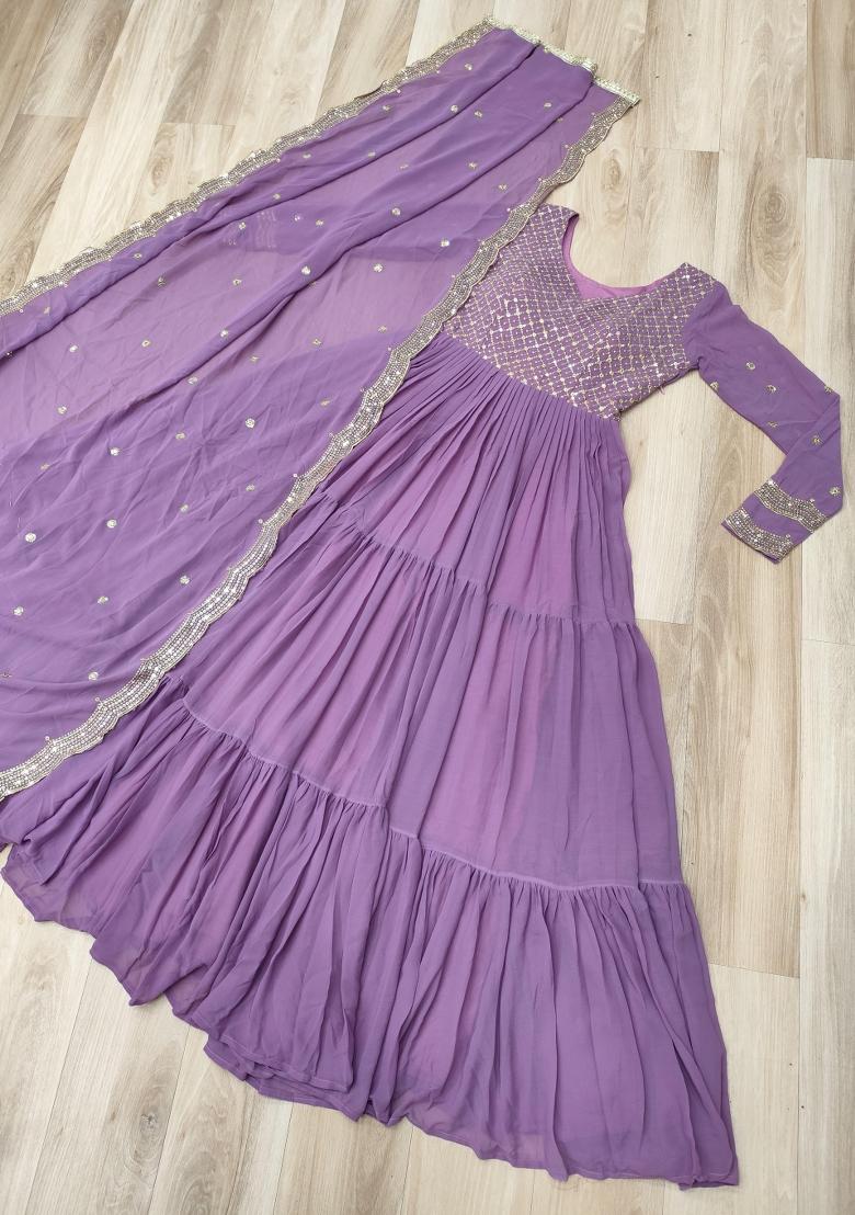 Lavender Embroidered Georgette Anarkali Set - Indya