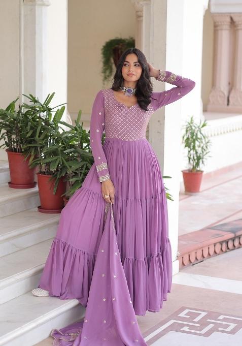 Lavender Embroidered Georgette Anarkali Set