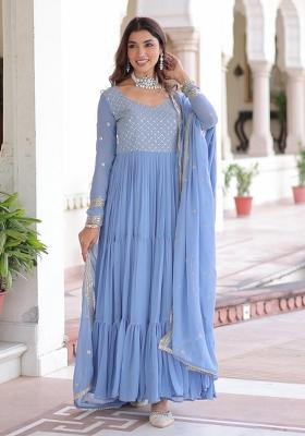 Blue Embroidered Georgette Anarkali Set