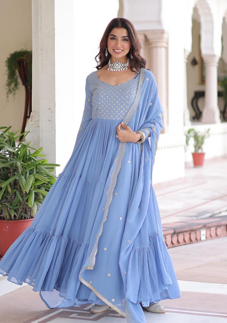 Blue Embroidered Georgette Anarkali Set - Indya