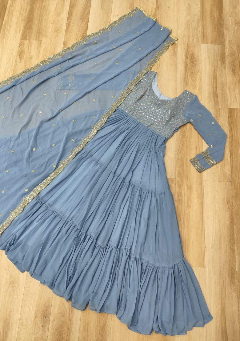 Blue Embroidered Georgette Anarkali Set - Indya