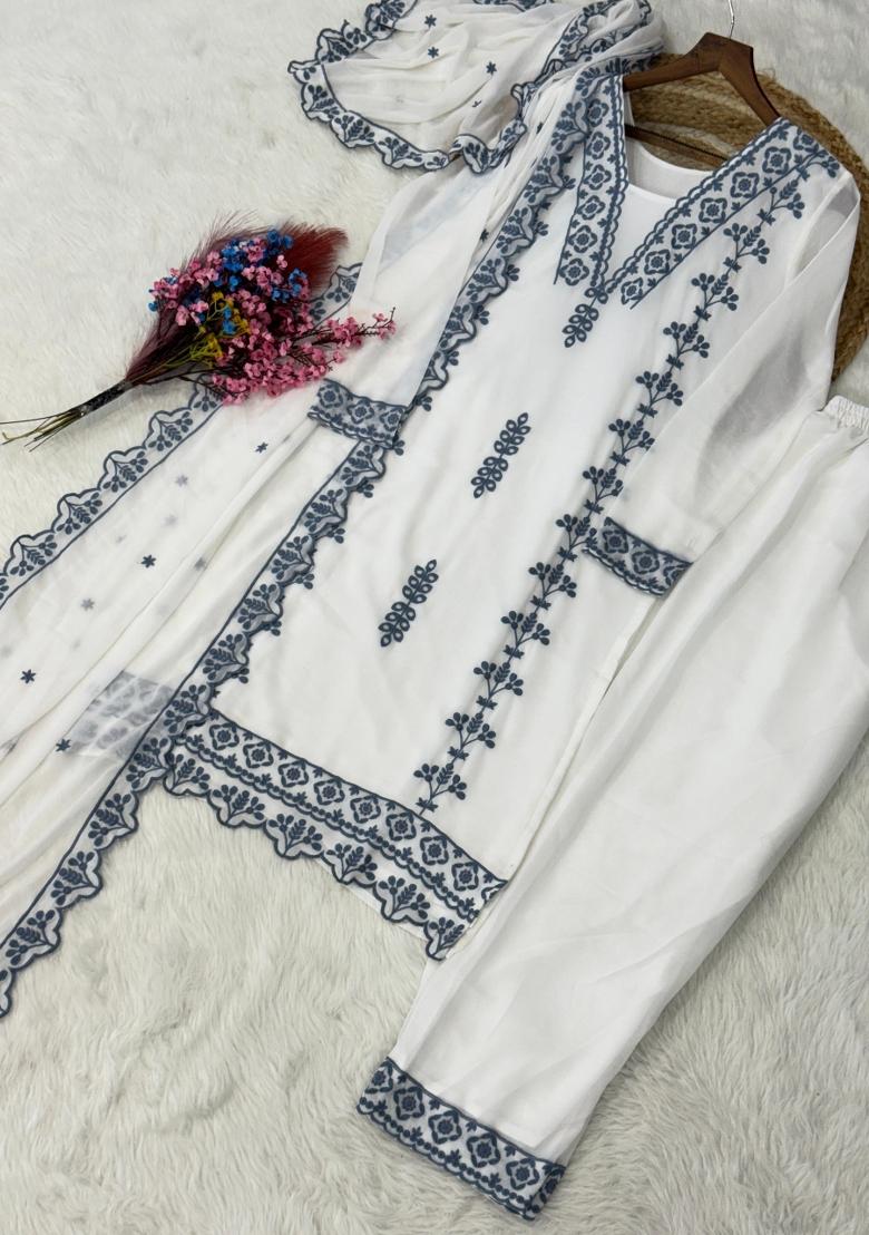 Blue Embroidered Georgette Salwar Kameez - Indya