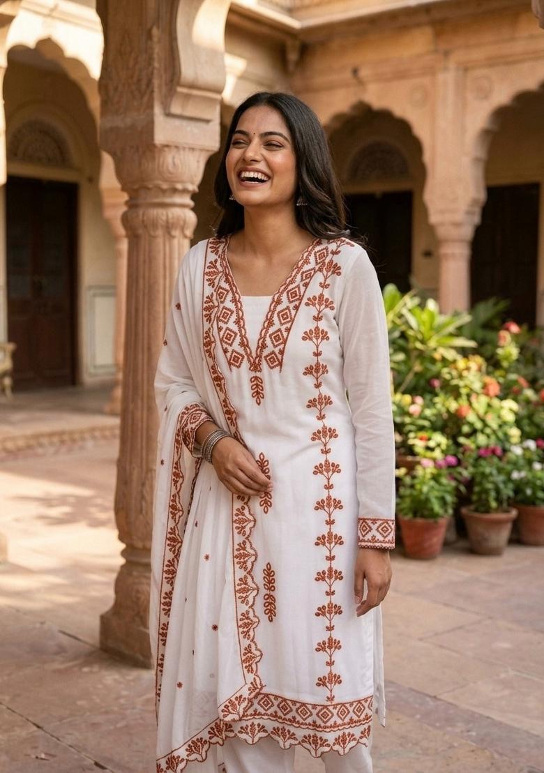 Brown Embroidered Georgette Salwar Kameez - Indya