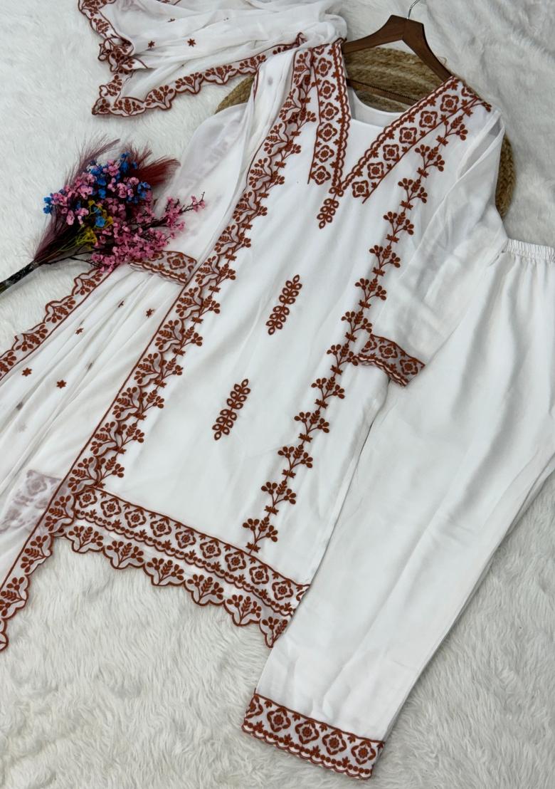 Brown Embroidered Georgette Salwar Kameez - Indya
