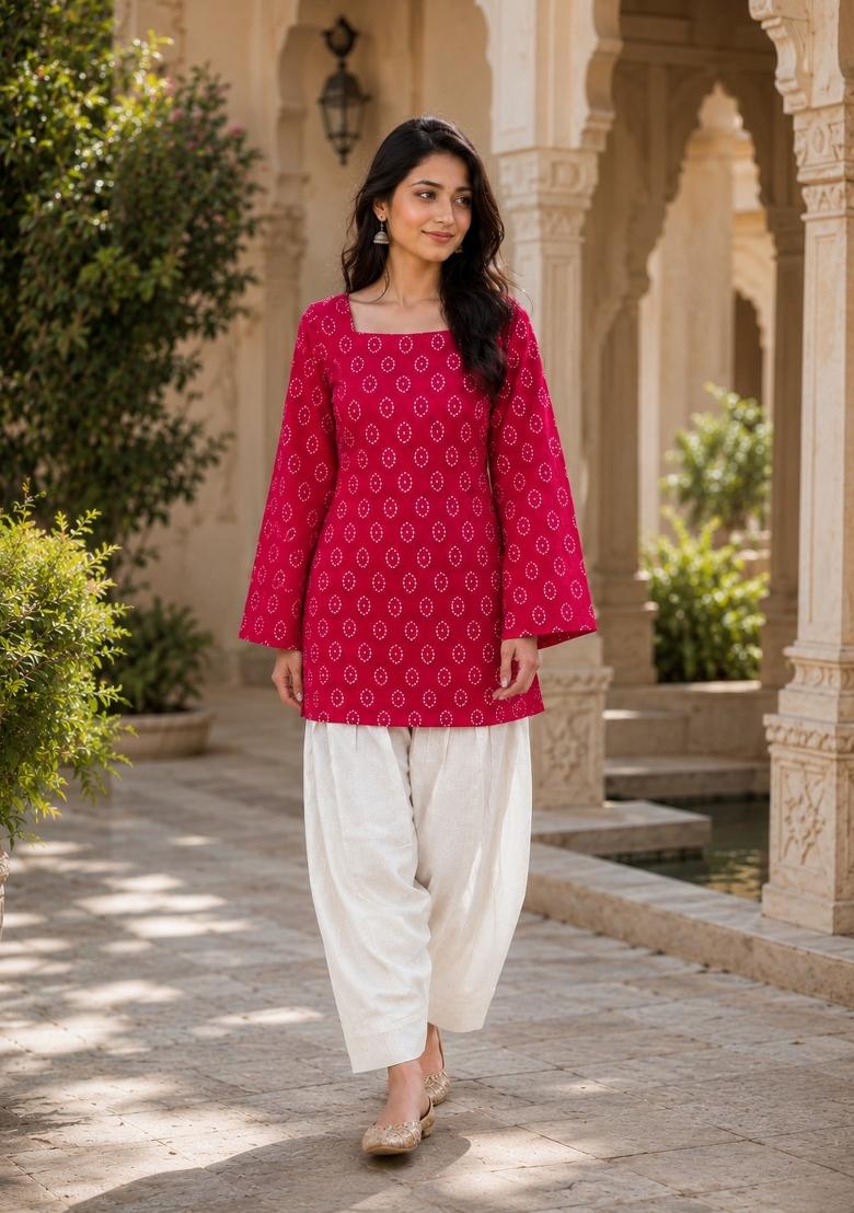 Red Floral Print Cotton Salwar Kameez - Indya