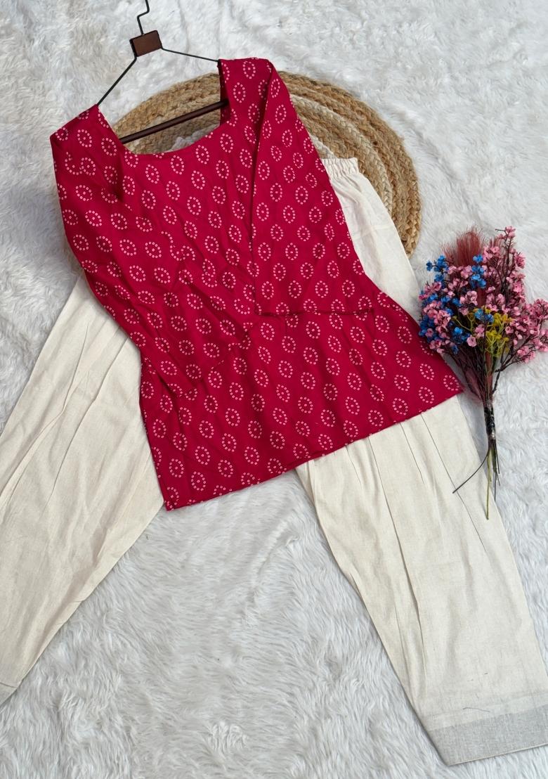 Red Floral Print Cotton Salwar Kameez - Indya