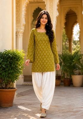 Green Floral Print Cotton Salwar Kameez