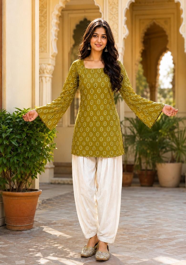 Green Floral Print Cotton Salwar Kameez - Indya