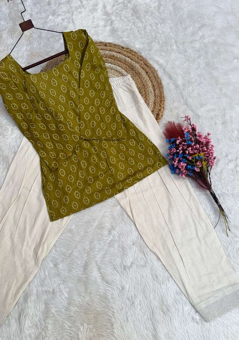 Green Floral Print Cotton Salwar Kameez - Indya
