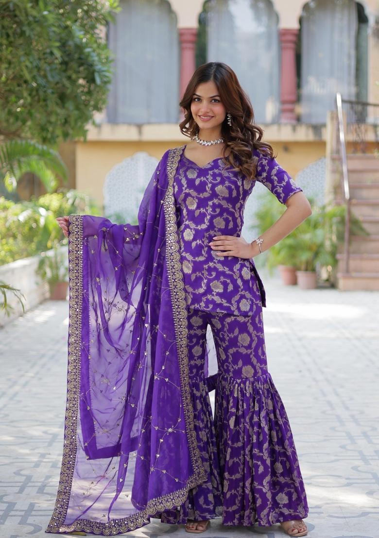 Royal Blue Embroidered Viscose Salwar Kameez - Indya