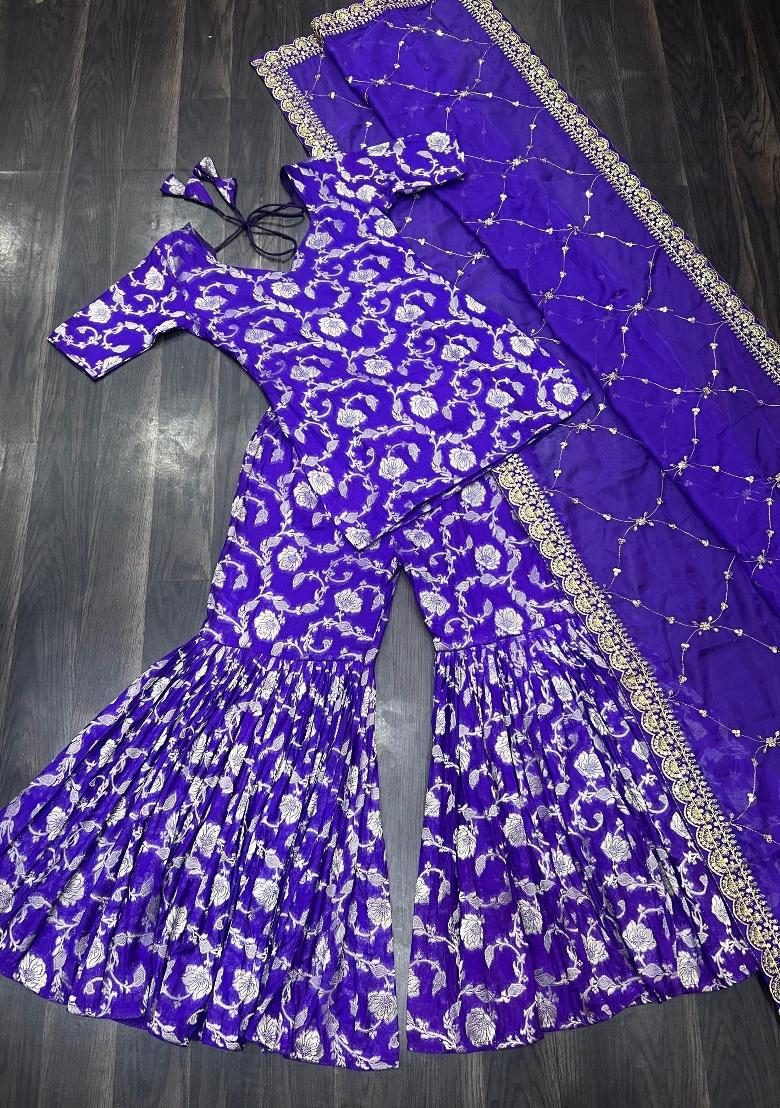 Royal Blue Embroidered Viscose Salwar Kameez - Indya