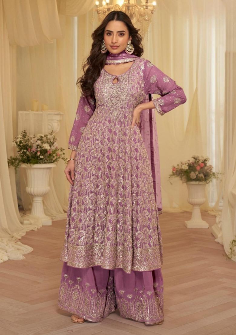 Purple Embroidered Georgette Kurta Set - Indya