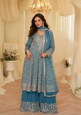 Blue Embroidered Georgette Kurta Set