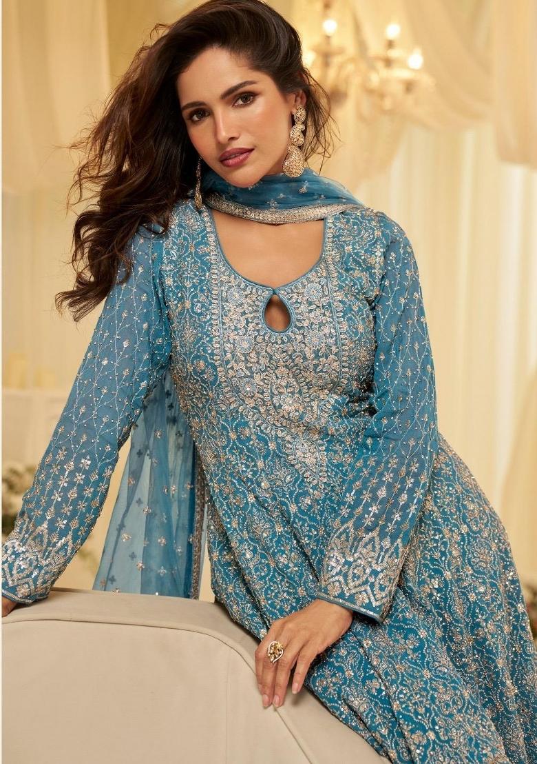 Blue Embroidered Georgette Kurta Set - Indya