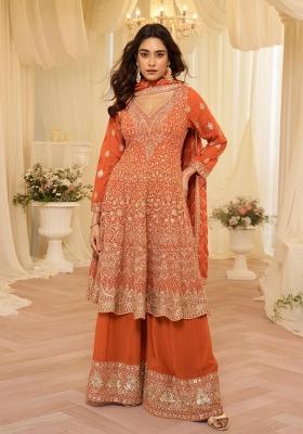 Orange Embroidered Georgette Kurta Set