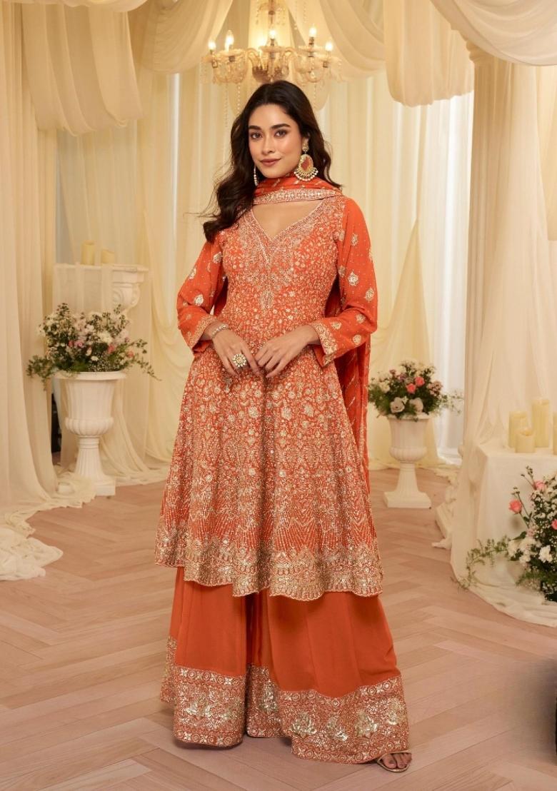 Orange Embroidered Georgette Kurta Set - Indya