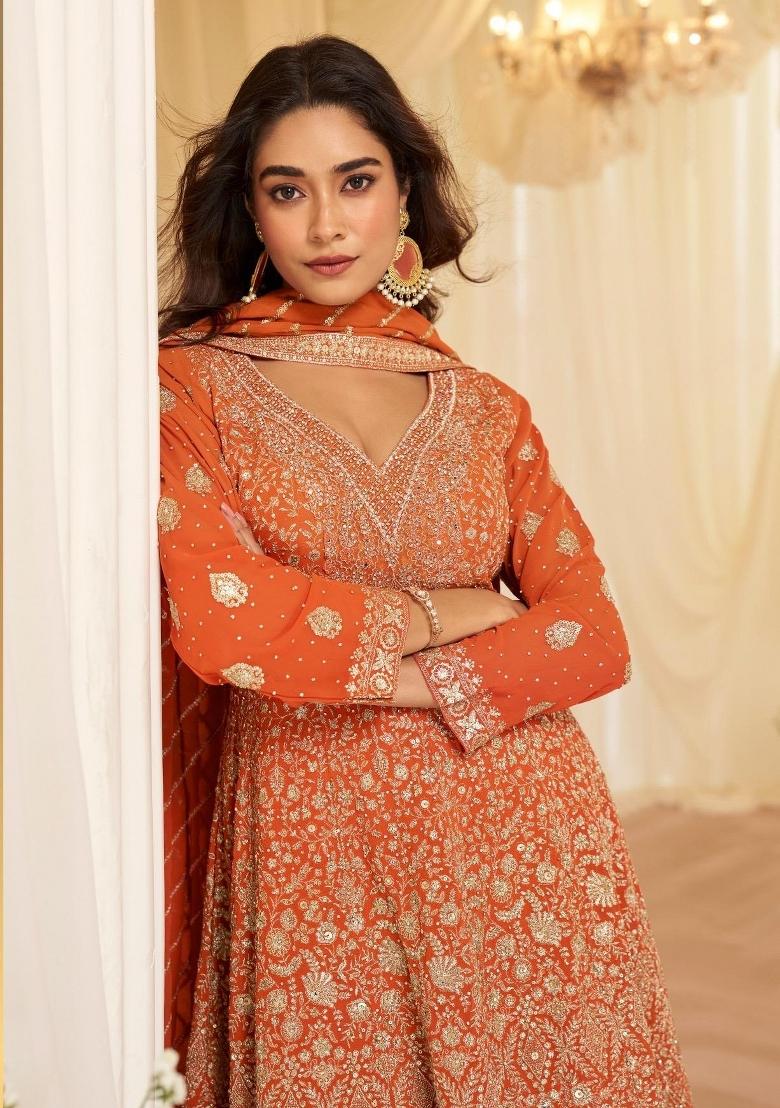 Orange Embroidered Georgette Kurta Set - Indya