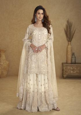 White Embroidered Net Kurta Set