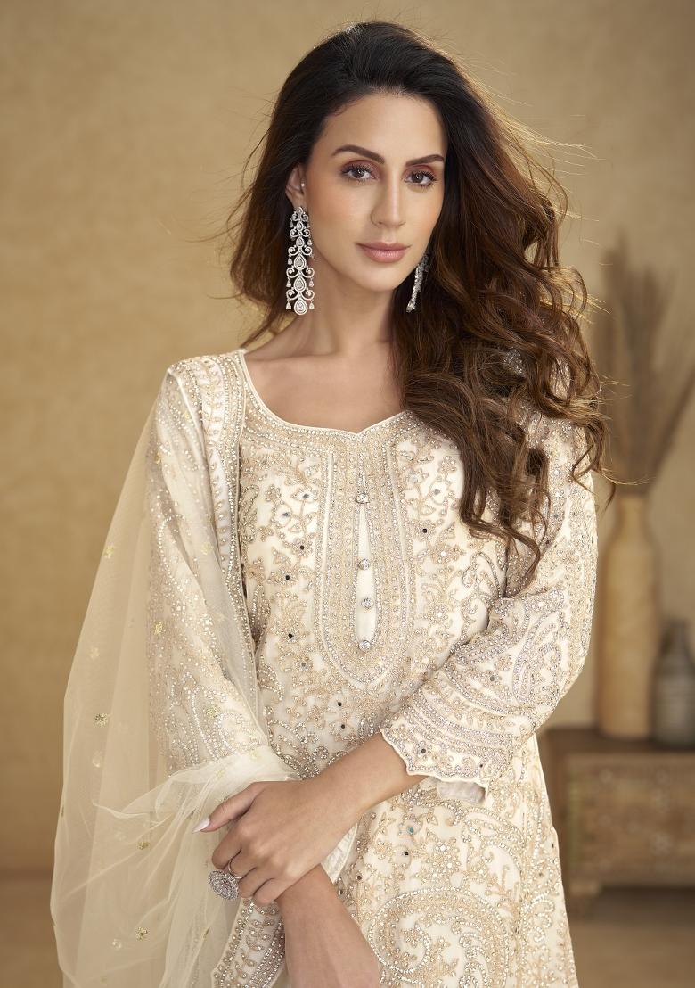 White Embroidered Net Kurta Set - Indya