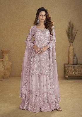 Lavender Embroidered Net Kurta Set