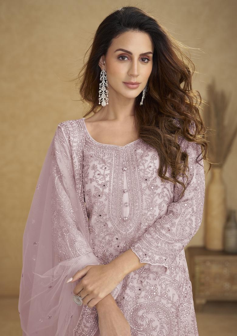 Lavender Embroidered Net Kurta Set - Indya