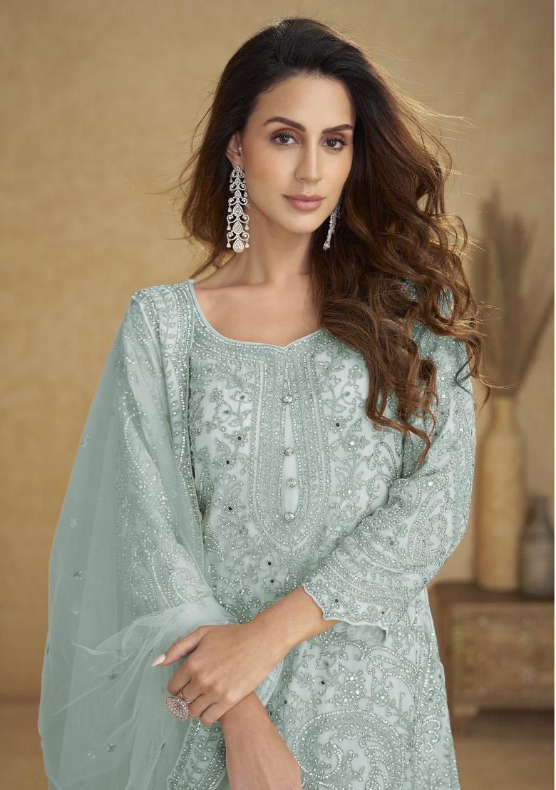 Blue Embroidered Net Kurta Set - Indya