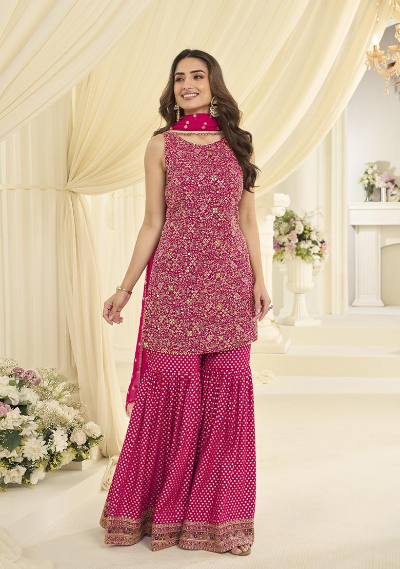 Rani Pink Embroidered Georgette Kurta Set - Indya